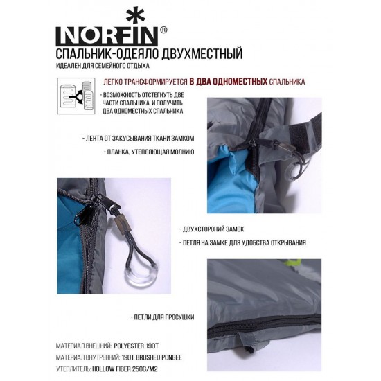 Мішок-ковдра спальний Norfin Alpine Comfort Double 250 (NFL-30240) + Килимок самонадувний Norfin Atlantic Double (NF-30304) 5.0см