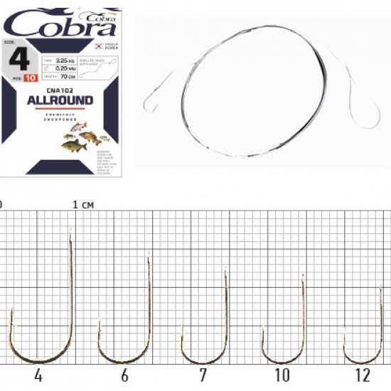 Гачки з повідцем Cobra ALLROUND 70cm, 0,20mm, разм.4, 10шт.