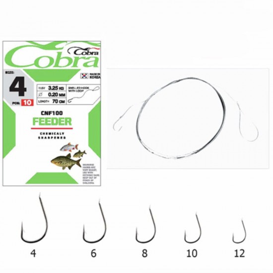 Гачки з повідцем Cobra FEEDER 70cm, 0,20mm, разм.4, 10шт.